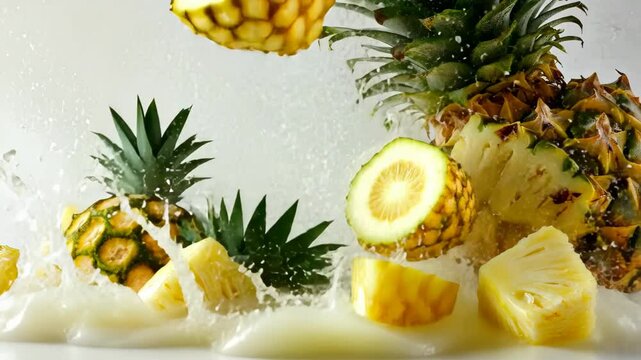 splash of milk with fresh pineapple against a white background, Ai Generated.