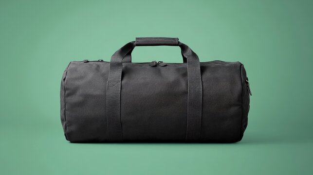 A large, black duffle bag with reinforced straps and zipper, set against a rich green background.