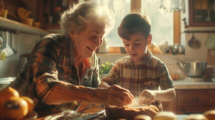 Grandmother and Grandson Baking Together in a Cozy Kitchen