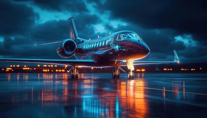 Private jet on runway with glowing AR flight plan display, sleek luxury design, vibrant lighting, photorealistic