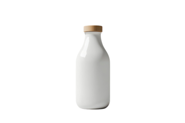 A serene glass bottle filled with fresh milk on a minimalist marble surface in soft light isolated on transparent background