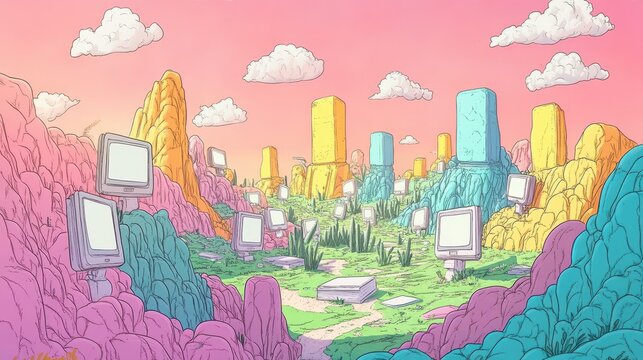 Cartoonish landscape with old computer monitors and colorful formations
