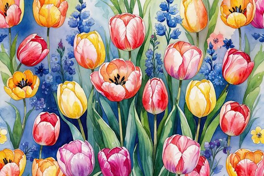 Vibrant Spring Watercolor Floral Background with Tulips and Colorful Blooms