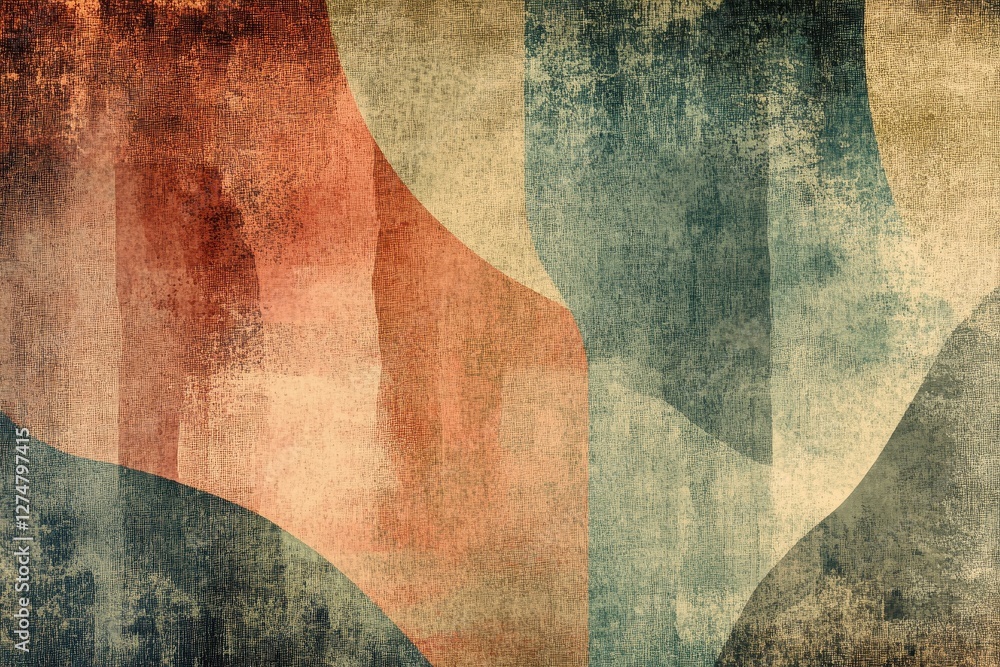 Poster abstract composition displays textured overlapping curves in muted colors