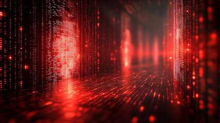 Abstract red tech tunnel with digital code patterns on walls and floor. Futuristic matrix design with dynamic red lighting and deep perspective leading to glowing central point