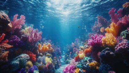 Scuba diving in a coral reef, vibrant marine life with glowing AR species identifiers, serene underwater scene, photorealistic