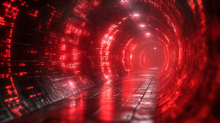 Abstract red tech tunnel with digital code patterns on walls and floor. Futuristic matrix design with dynamic red lighting and deep perspective leading to glowing central point