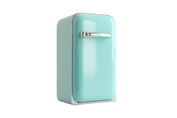 Vintage teal refrigerator stands elegantly in a bright, minimalistic kitchen setting isolated on transparent background