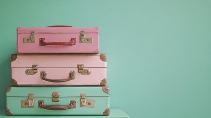 A set of three different-sized suitcases in pastel colors, stacked neatly on a vibrant green background.