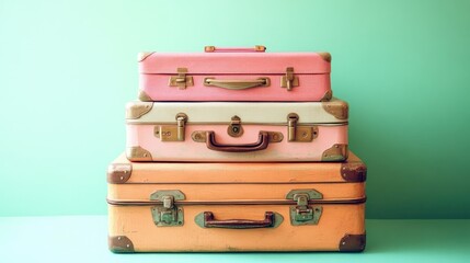 A set of three different-sized suitcases in pastel colors, stacked neatly on a vibrant green background.