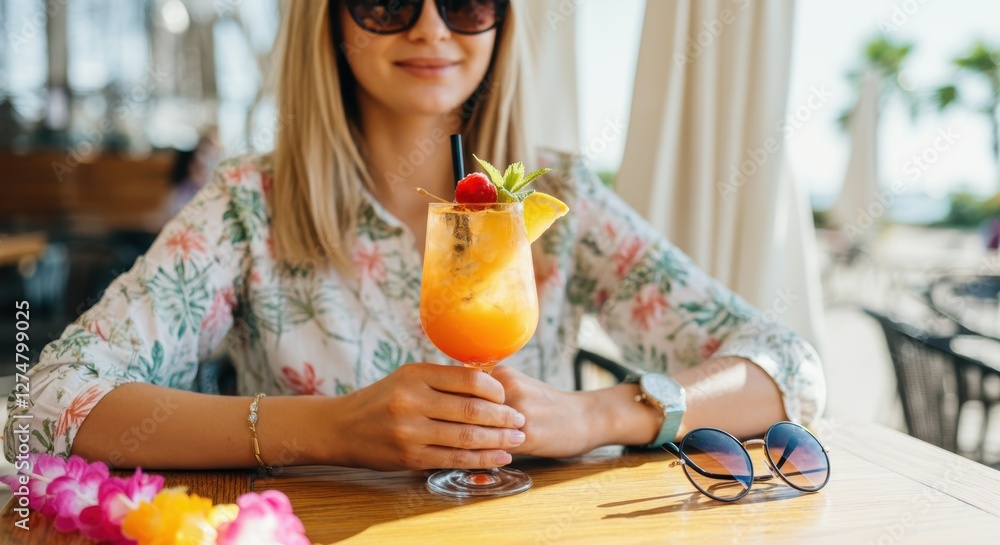 Wall mural Young caucasian female enjoying tropical cocktail at outdoor cafe in sunglasses