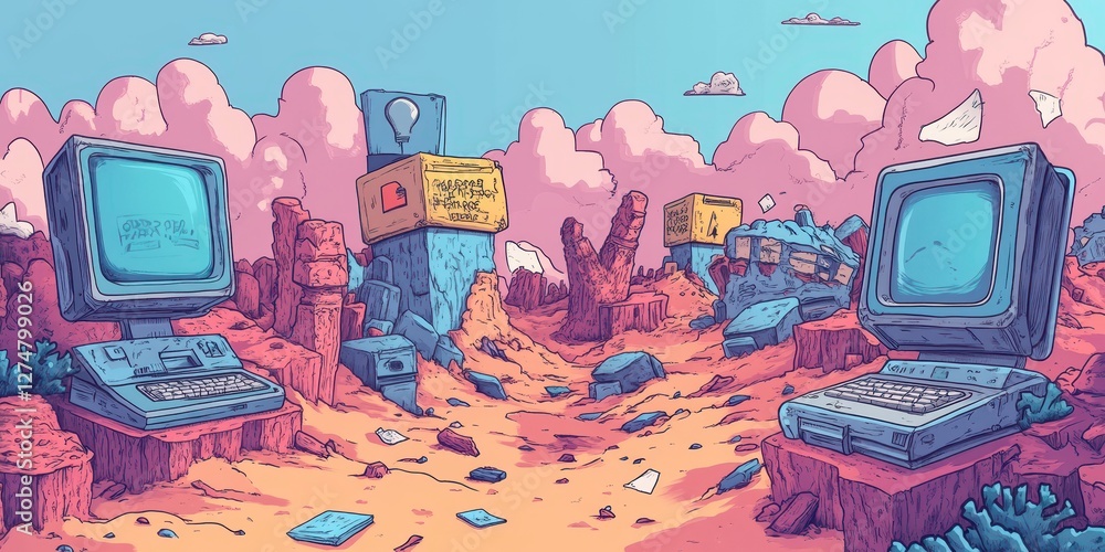 Poster retro computer landscape with floating blocks in a pastel desert