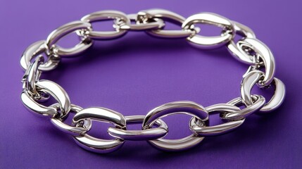 Fototapeta premium Elegant bracelet with interlocking oval links in polished silver, displayed on purple