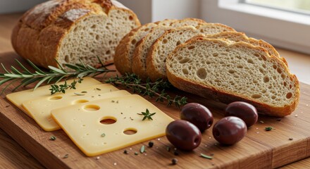 Rustic Food Background with Bread and Cheese