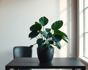 Fototapeta premium Behold captivating allure of a monstera leaf, as it gracefully infuses contemporary allure of modern aesthetics and interior design, seamlessly merging elegance of nature with our living spaces