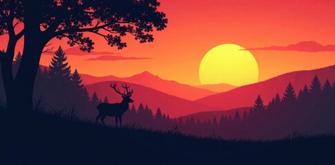 Naklejka premium Silhouette deer in forest clearing at sunset with trees and hills in background, wildlife, silhouette deer