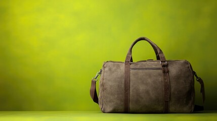 A trendy weekend duffle bag with minimalist design, placed against a vibrant green backdrop.