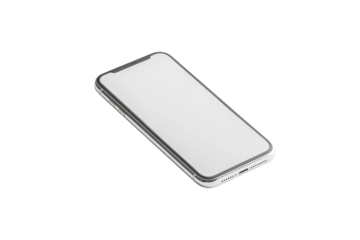 A sleek smartphone lies on a minimalist white surface, showcasing a blank screen in natural light isolated on transparent background