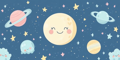 Cute cartoon moon surrounded by planets and stars