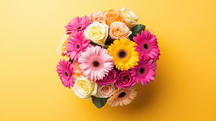 Fototapeta premium A vibrant bouquet of multicolored gerbera daisies and roses, arranged neatly against a golden yellow background.
