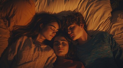 Three young adults sleep peacefully together in bed, heads touching, under warm lighting.