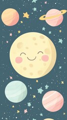 Cute cartoon style planets and stars in dark space