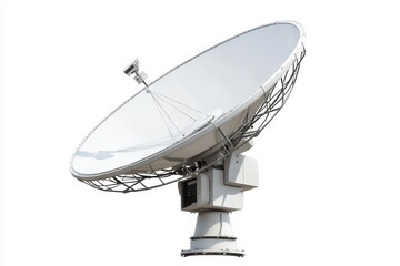 A large satellite dish capturing signals in a clear blue sky at midday isolated on transparent background