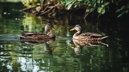 Two ducks gracefully swimming in a serene pond surrounded by lush green foliage, reflecting beautifully on the calm water surface