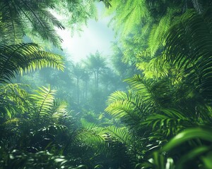 Tropical rainforest canopy with glowing AR biodiversity data floating, vibrant lush greens, soft natural lighting, photorealistic
