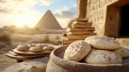 Ancient egyptian flatbread baking scene with clay oven and pyramid in background