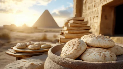 Gordijnen Ancient egyptian flatbread baking scene with clay oven and pyramid in background © sabyna75
