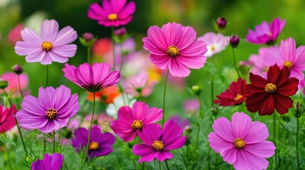 Obraz premium A vibrant patch of bright cosmos flowers in shades of pink and purple, standing tall against a green garden backdrop.