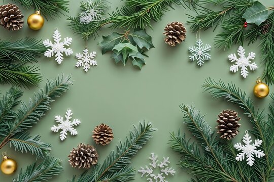 Vibrant Winter Decor with Spruce Leaves on a Soft Green Background