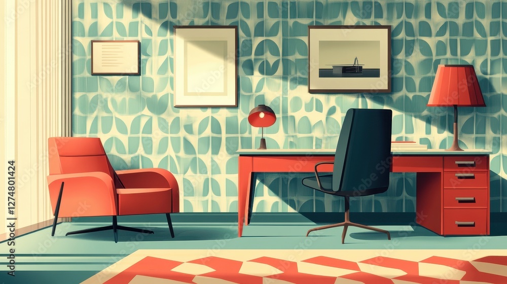Poster retro office setting featuring vibrant colors and geometric patterns