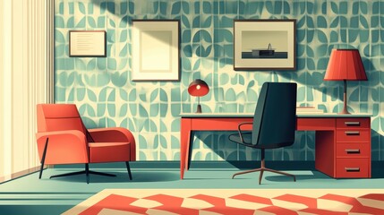 Retro office setting featuring vibrant colors and geometric patterns