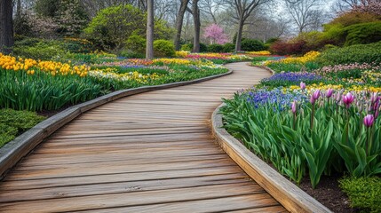 Obraz premium Beautiful wooden boardwalk stretching through a botanical garden filled with exotic spring flowers. No people no text
