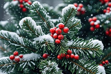Snowy Christmas Tree Branches with Red Berries Background