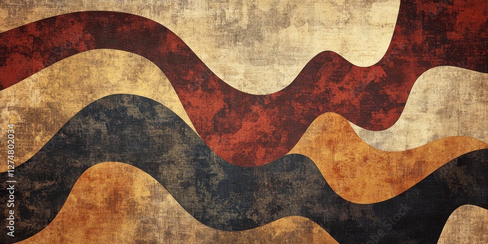 Poster abstract painting showing multiple textured wavy lines of different colors