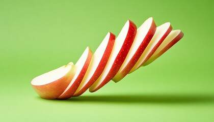 Juicy Red Apple Slices Falling on Green Background