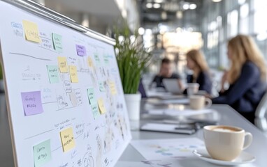 Team members engage in a brainstorming session in a bright, modern office space. Colorful sticky notes cover a presentation board, while a coffee cup sits nearby, fostering creativity