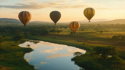 Breathtaking hot air balloons floating over a summer landscape at sunrise, colorful sky in the background.