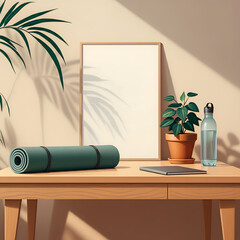 Yoga mat and water bottle near window with soft sunlight and indoor plant home fitness wellness concept