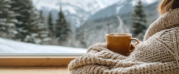 Woman in warm sweater enjoys hot drink by snowy window.