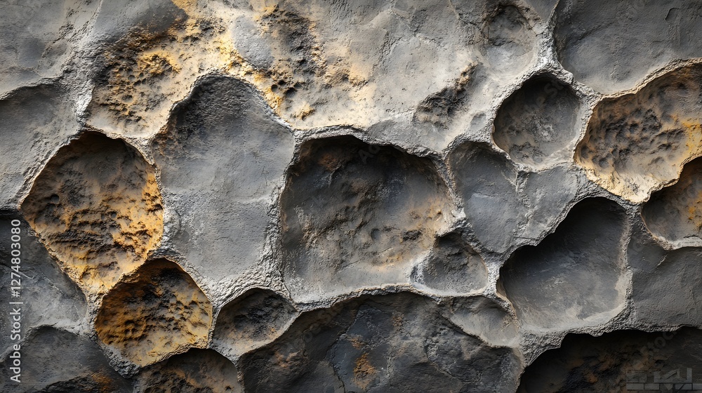 Poster close-up shot of an abstract rock formation with gray and golden hues. the texture is rough and unev