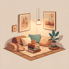 Cozy reading nook with pillows books warm blanket and indoor plants minimalist home interior decor corner