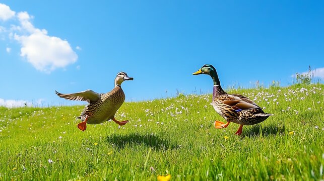 Two ducks frolicking on a vibrant green meadow, under a clear blue sky with fluffy white clouds, capturing a joyful and lively atmosphere of nature in spring