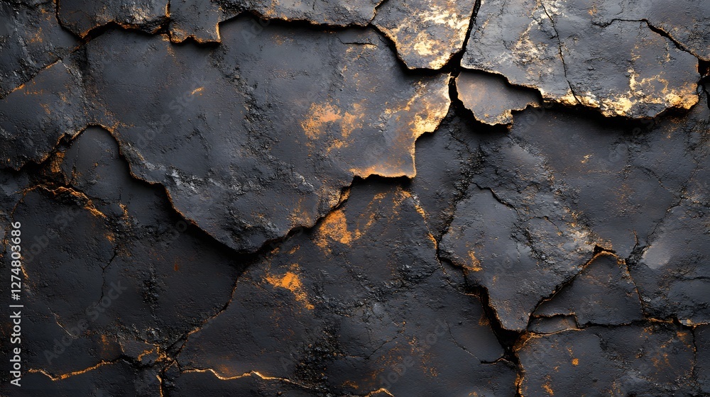 Poster close-up view of a cracked black stone with gold accents. abstract and textured background. abstract