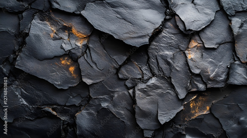 Poster Close-up shot of a dark grey rocky texture, perfect for background. Natural stone surface with cracks and abstract patterns. Abstract Dark Grey Rock Texture Background