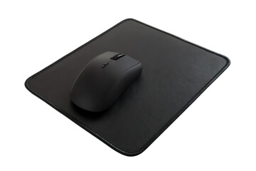 A sleek black mouse resting on a minimalist mouse pad in a well-lit workspace setup isolated on transparent background