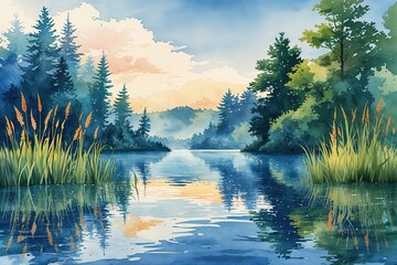 Tranquil Lake Scene with Reeds and Water Reflections in Watercolor Vector Art